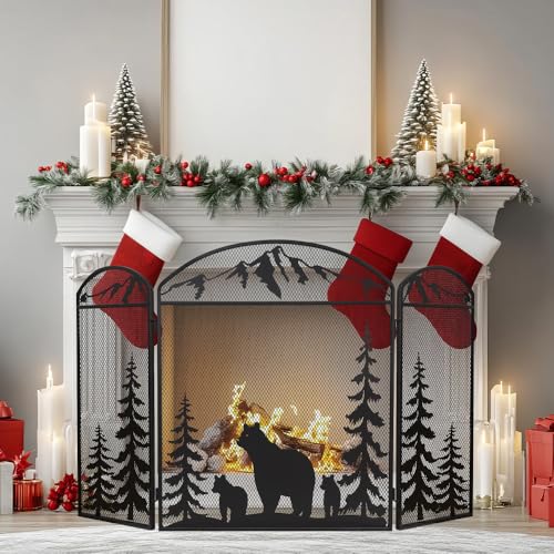 Image of Hogardeck 48 inch x 30 inch Fireplace Screen, 3 Panel Fire Place Cover for Living Room, Christmas Decoration Gate with Polar Bear for Brick Fireplace, Baby Proof, Pet Safety
