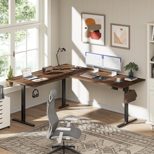 Image of 63x55 Inch L Shaped Electric Standing Desk, Corner Workstation, Dark Walnut | 3 AC outlets, 2 USB ports, cable tray, cord clips, 3 memory presets, anti-collision and 176 lb capacity for home office.