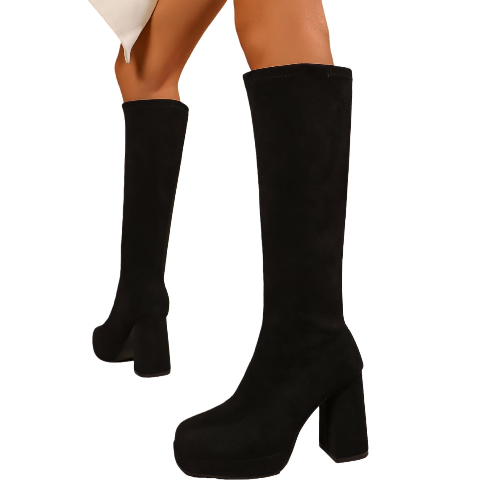Damen Kniehohe Stiefel Mit Blockabsatz Square Toe Langschaft Boots Vintage Wildleder Reitstiefel Winter Große Größe Schlupfschuhe Plateau High Heels Für Büro, Party