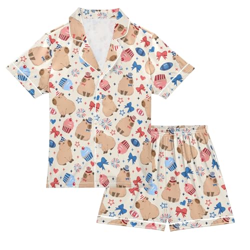 Cute Capybara Colorful Stars Summer Satin Pajama Set, Cute Button-Down Sleepwear Pj Set for Sleep Wears