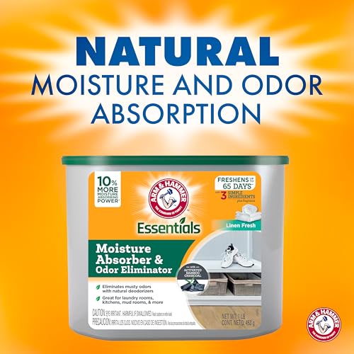 Image of Arm & Hammer Essentials Disposable Moisture Absorber and Odor Eliminator Tub, Linen Fresh, 1 lb., 3-Pack, Attracts and Traps Excess Moisture, Ideal Closet Non-Electric Dehumidifier