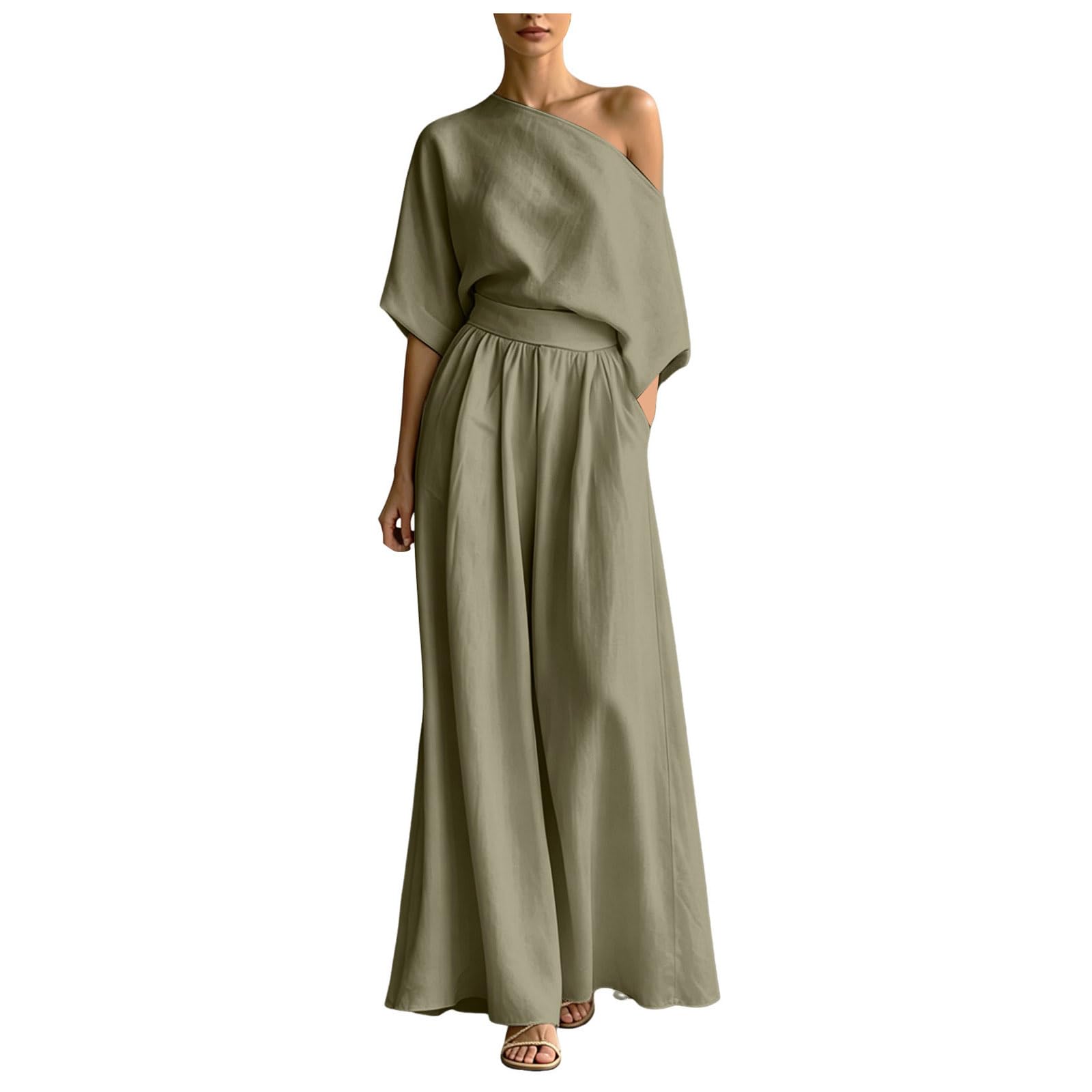 Lino Ropa Conjunto 2 Piezas Mujer Ropa de Lino Mujer Verano Conjuntos Top Cuello V y Pantalones Anchos Color Sólido Casual Elegante Conjunto Top Pantalones Sueltos con Bolsillo para Playa Vacaciones