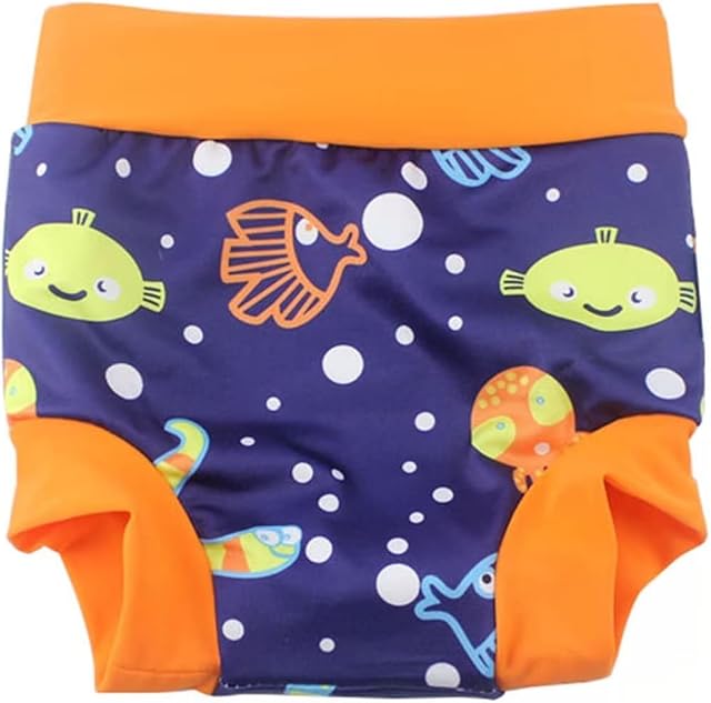 BabyPreg Baby Kids Swim Nappies Cover Diaper Pants High-Waisted Belly Protection Swimming Shorts (Blue (Fish), Size M)