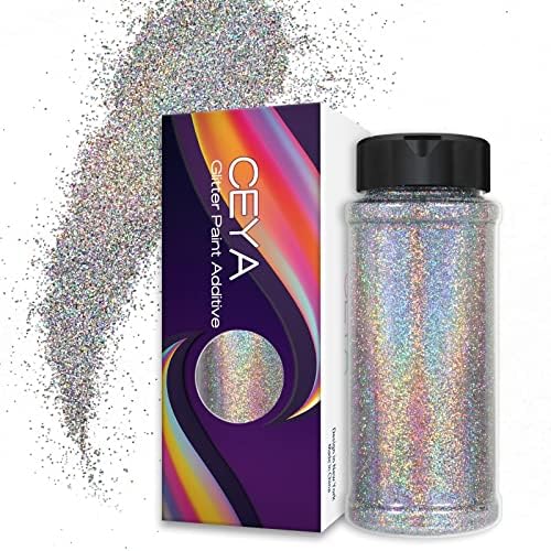 Ceya Holographic Ultra Fine Glitter Paint Additive, 3.5oz/ 100g Laser Silver Glitter Wall Paint 1/128” 0.008” 0.2mm for Emulsion Wall, Ceiling, Furniture, Interior Decor, Acrylic, Varnish, Satin, Flat