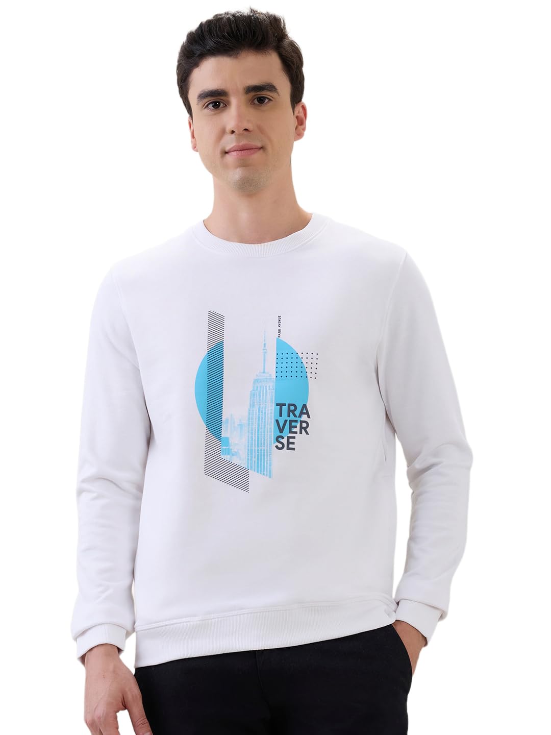 park avenue Men Slim Fit Print Pattern Cotton Polyester Blend Full Sleeve Round Neck Casual Sweatshirt White-picture-38