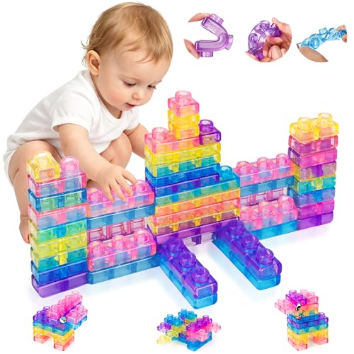 MQGEWQ 56PCS Gummy Soft Blocks Squish Toys for Toddlers Age 3+ Montessori Sensory Building Block Kids Can Squeeze Stretch Stacking Construction Autism Toys Birthday Gifts for Girls Boys