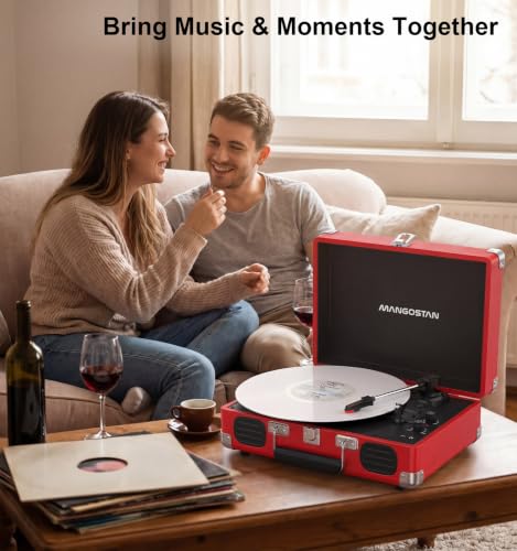Image of Cherry Red Bluetooth Suitcase Record Player, 3-Speed Turntable