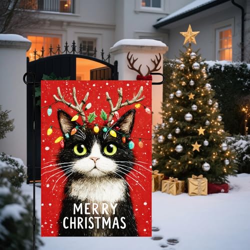 Image of BlissYard Christmas Garden Flag 12x18 Inch Welcome Cat Yard Flag Double Sided Outdoor Banner with Reindeer Antlers and Red Snow Background for Porch Lawn Patio