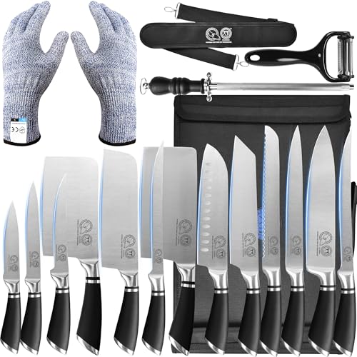 XYJ Kitchen Knife Set with Magnetic Knife Block,Cutting Board,Scissors,Honing Steel,Professional Knife Block Set,High Carbon Steel Blade,Meat Cleaver,Full Tang,Wood Handle