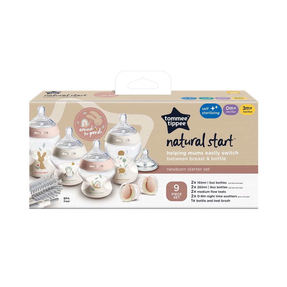 Tommee Tippee Starter Set Natural Start per neonati,150ml e 260ml, biberon anti-colica con tettarella a flusso lento inclusa, e medio per favorire un attacco naturale, autosterilizzante, rosa
