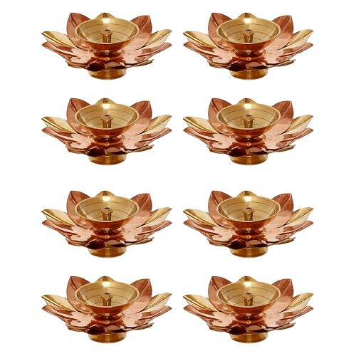eCraftIndia Set of 8 Copper and Golden Lotus Flower Shape Decorative Brass Diyas - Festive Gift for Diwali, Weddings & Housewarming - Beautiful Decor for Home, Temples & Celebrations
