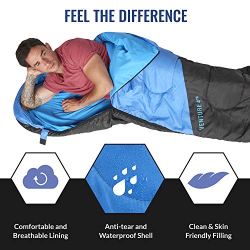 Venture 4Th Summer Sleeping Bag, Single, Regular Size - Lightweight, Comfortable, Water Resistant Backpacking Sleeping Bag For Adults & Kids - Ideal For Hiking, Camping & Outdoor – Blue/Gray #TOP4