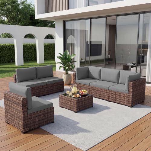 Image of LHBcraft 7 Pieces Outdoor Wicker Rattan Patio Furniture, Outdoor Sectional Set Patio Sofa with Coffee Table & Grey Cushions for Garden