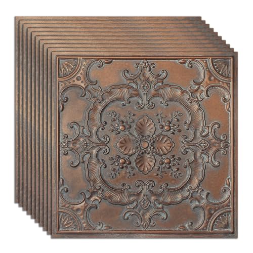 PAINTSDECOR 3D Embossed PVC Ceiling Tiles, Faux Tin Ceiling Panels, Easy Glue Up with 1 Roll Tape Included, Waterproof Lightweight Rust-Free, 10-Pack Covers 40 Sq.Ft., Weather Copper