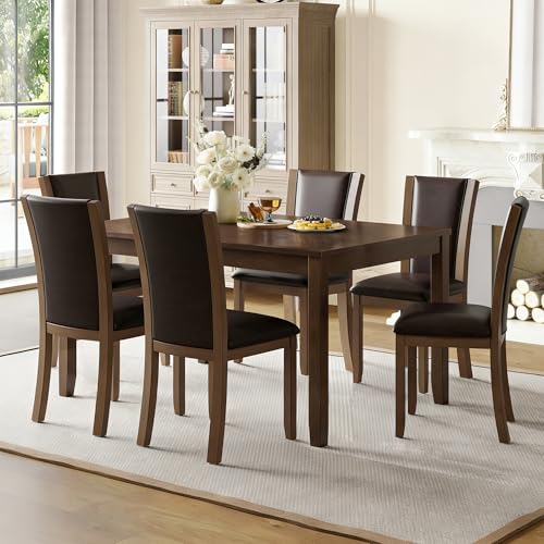Image of KEIKI 7-Piece Standard Height Dining Table Set with Rectangular Table, 6 Upholstered Chair, for 6 Person, Farmhouse Rustic Style Table Set, Easy Assembly, for Kitchen, Dining Room, Dark Walnut