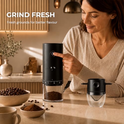 Image of Ash & Roh Electric Coffee Grinder & Pour Over Brewer Set - Compact Adjustable Burr Grinder with Reusable Filter, One‑Touch Drip Coffee Maker for Home Use