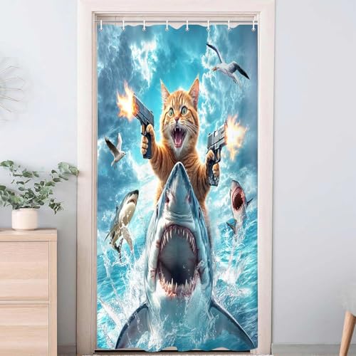 Image of Funny Cat Shower Curtain for Kids, Cute Kitten Riding Shark Ocean Theme Hilarious Cool Fun Grey Blue Wave Animal Nautical Whale Boys Bathroom Sets Decor Fabric Polyester Waterproof 12 Pack Hooks
