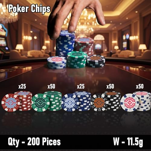 Image of WISHKEY Poker Chips Set Printed 200 Pieces Casino Style Double Injection Iron Core Chips 10, 20, 50, 100 & 500 Rupees Value Heavyweight 11.5g Poker Tokens for Casino & Home Games