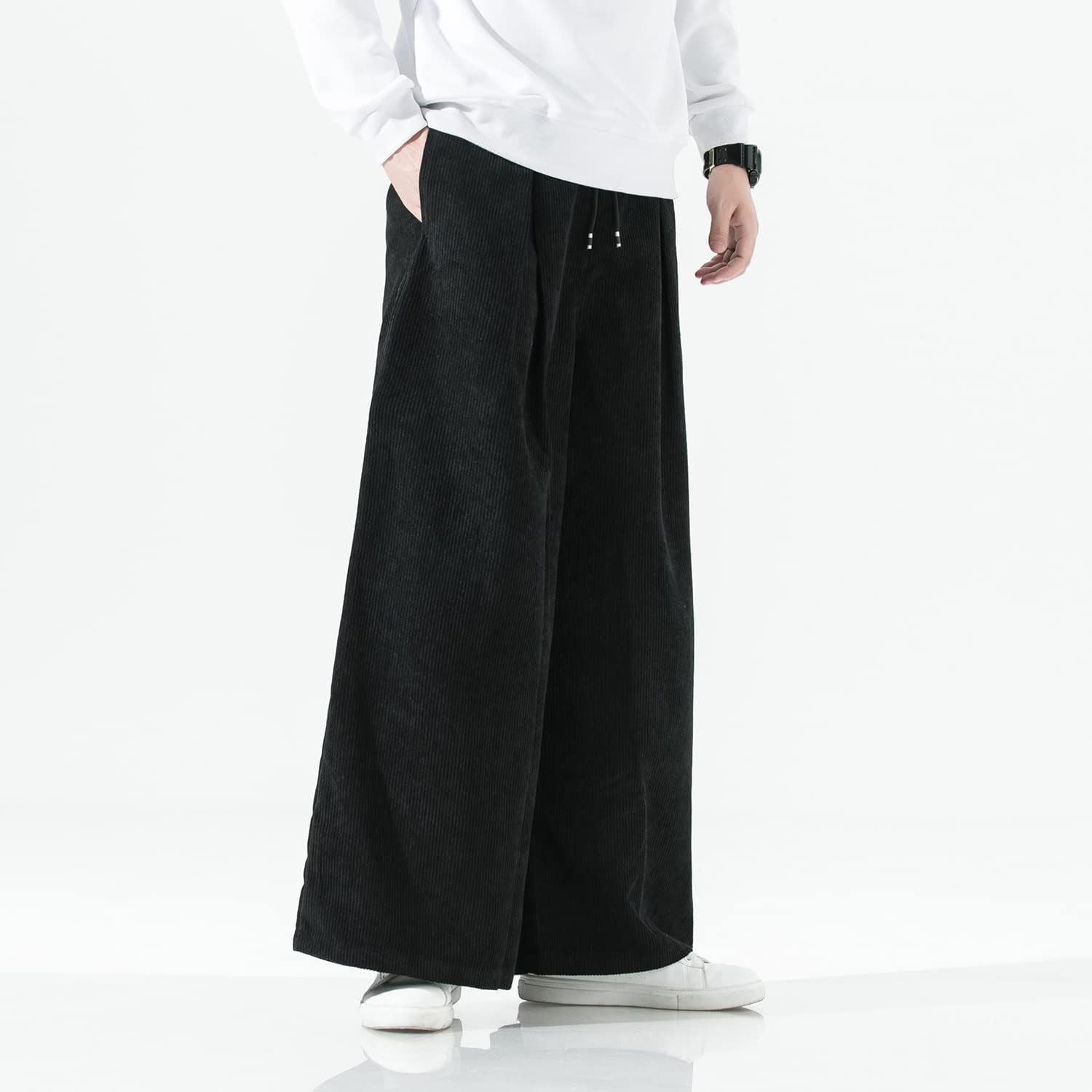 Seidarise Men's Corduroy Pants Straight Baggy Wide Leg Stretch Elastic Waist Drawstring Relaxed Fit Trousers Pant