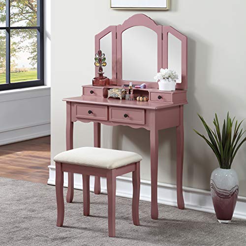 aphrophina Elegant Wooden Vanity Makeup Table and Stool Set for Daily Glamour, Stylish Rose Gold Finish with Ample Storage