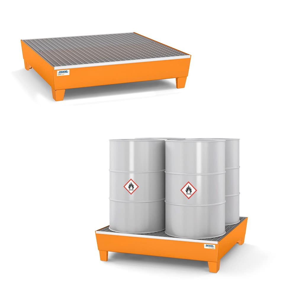 Bac de rétention DENIOS 2 fûts 200 L – acier peint époxy + caillebotis galvanisé amovible – pieds – 1236×815×350 mm – stockage liquides inflammables & polluants