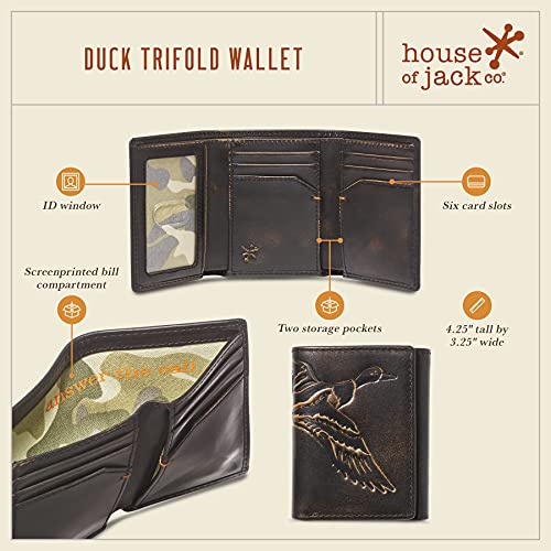 Image of House of Jack Co. Duck Men's Trifold Wallet, Full Grain Leather Hunting Wallet with ID Window, 8 Card Slots, Camo Lining, Embossed Duck, Duck Hunter Gift, Black