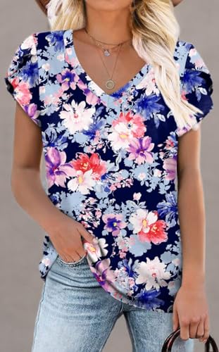 Image of CATHY 2026 Women Tops Summer Short Sleeve Tunic V Neck T-Shirts Loose Casual Floral Blouse S-4XL