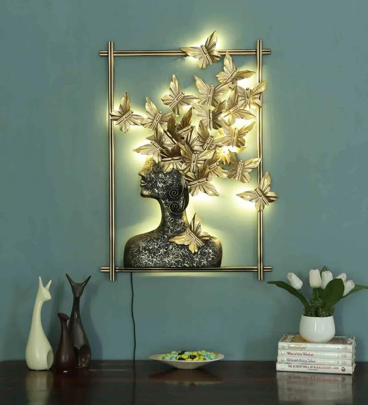 Image of Bharat Art Metal Tree Wall Art with LED Light for Living Room | Handcrafted Iron Tree Wall Hanging Home Decoration for Bedroom, Hall, Office & Entrance | BUTTERFLY WOMAN FRAME | 21x2x29 inch | WD065