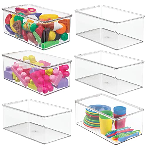 mDesign Playroom Stackable Plastic Storage Box with Lid - for Organizing Baby/Child's/Kids Toys, Action Figures, Crayons, Markers, Blocks, Puzzles, Crafts, Crayons, Dog/Cat Toy Box, 6 Pack - Clear