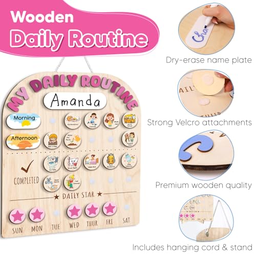 Image of Wooden Daily Routine for Kids, Chore Chart for Toddler, Daily Responsibilities for Kids, Visual Schedule, Morning Bedtime Routine for Girls