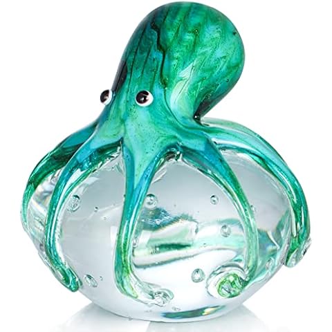 Sanbege Hand Blown Glass Octopus Figurine, Cute Sea Animal Paperweight, Collectible Nautical Statue Decor for Home, Office, Party Decoration and Gift (Blue and Green) Cover