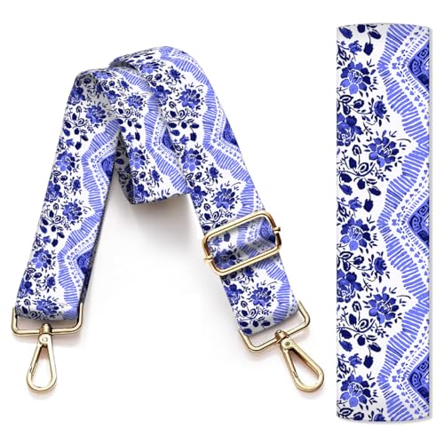 Image of Purse Strap Replacement Crossbody, 3.8cm Wide Shoulder Strap Adjustable Replacement Belt Gold Buckle, Handbag Crossbody Bag Strap Luxury Blue Boho Pattern