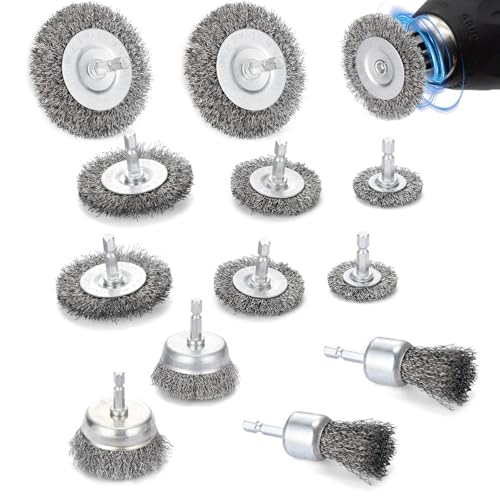 12 Piezas Cepillo de Alambre Taladro Multifuncional Set, Cepillo Ruedas y Vasos Metálico de Mango Hexagonal, Cepillo de Copa Rueda de Alambre Acero para Pulir Lijar
