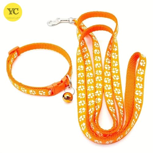 Image of YellowCult Dog /Cat Collar Leash Set with Adjustable Soft Nylon Paw Print Pet Collar for Cats, Puppies, Small Dogs, Fat Rabbits Walking Training, Bell & Quick Release Buckle Safety Lock -[Orange]