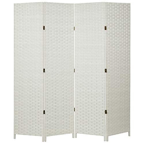 MyGift Folding Wood Room Divider, Standing 4-Panel Woven Privacy Screen, White