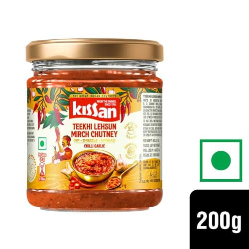 Image of Kissan Teekhi Lehsun Mirch Chutney, 200g, For Traditional Spicy Flavors, With Mathania Red Chillies & Fresh Whole Garlic, Silbatta Like Texture, Sourced From Indian Farms, Ready to Eat