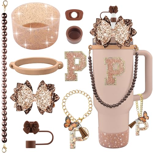 Hpebl 9PCS Brown for Stanley Cup Accessories Set Bling Initials Bow Charms for Stanley Decorations 30/40 Oz Tumbler Accessories Including Bow Straw Topper, Handle Strap, Spill Stopper（Letter P） - image 1