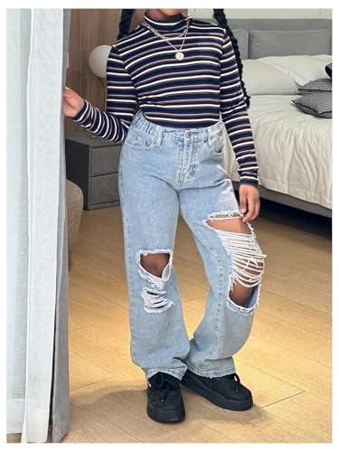 Floerns Girl's Striped Mock Neck T Shirts Long Sleeve Rib Knit Fitted Casual Tee Top4