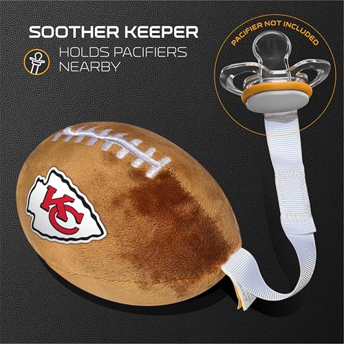 Image of Kansas City Chiefs Plush Football Pacifier Holder by Smilo - Officially Licensed NFL Soother Holder - Soft Plush Toy and Dummy Holder - Fits Any Pacifier - Stroller Accessory & Newborn Essential