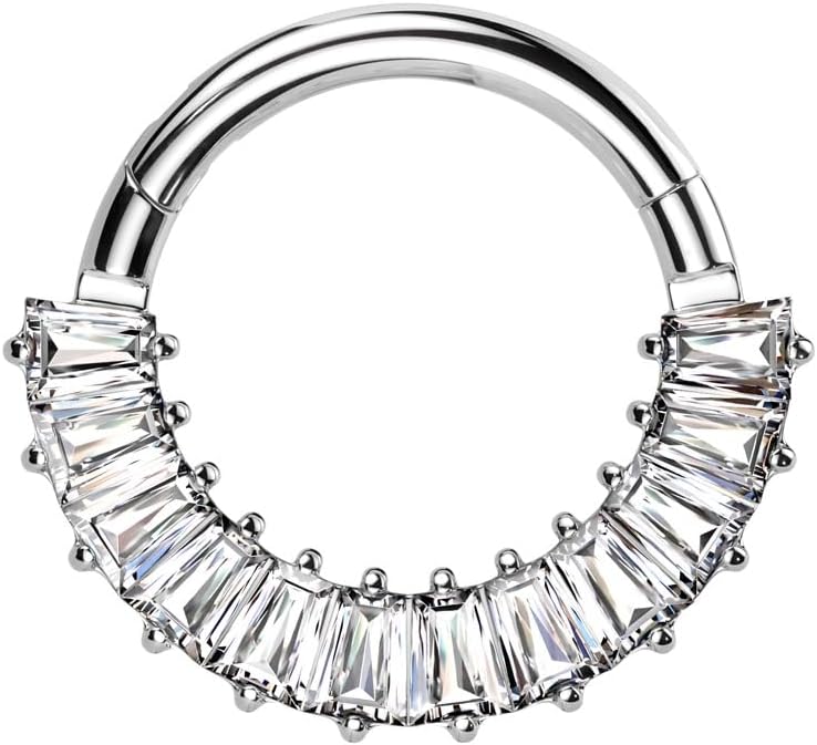 Pierced Owl 16GA ASTM F-136 Implant Grade Titanium CZ Crystal Baguette Lined Hinged Segment Clicker Ring