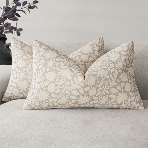 Image of Foindtower Set of 2 Decorative Neutral Floral Throw Pillow Covers Accent Farmhouse Cushion Covers Boho Lumbar Pillowcase for Couch Sofa Bedroom Living Room Home Decor,12x20 Inch,Ivory Beige