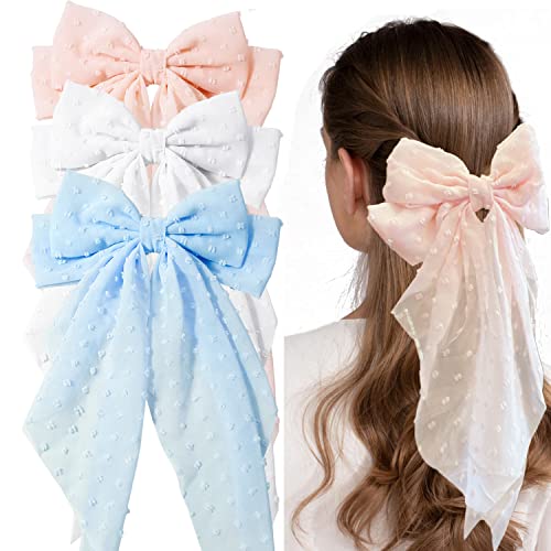 3 Pieces Larg Hair Bows Hair Clips For Women Big Bow Hair Barrettes Plain Color Bowknot With Long Tail French Barrettes For Girls (Bright Color) #TOP15