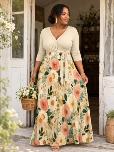 Image of PinkPatty Plus Size Maxi Dress for Women Casual V Neck 3 /4 Sleeve Boho Printed Long Dress with Pockets