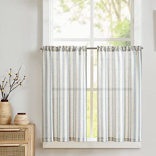 Vangao Streifen Scheibengardinen Modern Küche Blau Leinenoptik Gestreifte Bistrogardine 2er Set 65Bx90Hcm mit Stangendurchzug Landhaus Gardinen Kurz Lichtdurchlässig Kurzstores Wohnzimmer Wohnwagen