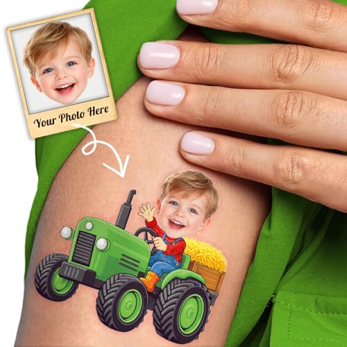 Image of Custom Tractor Temporary Tattoos for Kids, Set of 20 | Personalized Pre-Cut Face Photo, Birthday Party Favors, For Boys Girls, Tractor Lovers