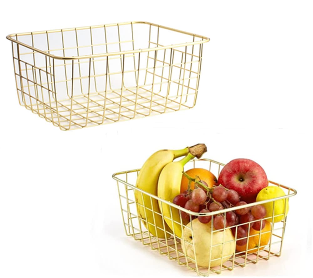 Panier de rangement fil métallique doré pour salon cuisine salle de bain (Lot de 2)