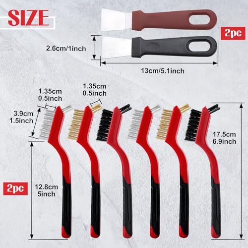 Image of 8 Pcs Wire Brush Set with Metal Scraper, Brass /Stainless Steel /Nylon Bristles Brush with Curved Handle, Heavy Duty Metal Brush for Rust Removal Welding Slag Paint Scrubbing Dust Deep Cleaning