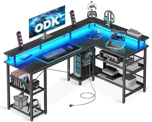 ODK Gaming Tisch mit LED, 150×102cm Reversibel Gaming Schreibtisch mit 2 Steckdosen & 2 USB-Ladeanschlüssen, Eckschreibtisch Groß mit Netzablage, Kohlefaser Schwarz