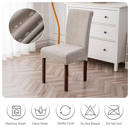 Image of Genina Waterproof Dining Chair Cover Set of 4,Kitchen Chair Cover,Warm Grey | Stretch Dining Room Chair Slipcovers with Leaf Jacquard,Removable Kitchen Chair Protector for Home,Restaurant,Banquet
