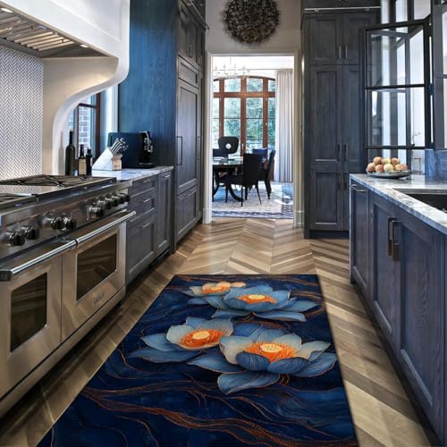 Tapis de salon bleu lotus lavable et moquette moderne antidérapante